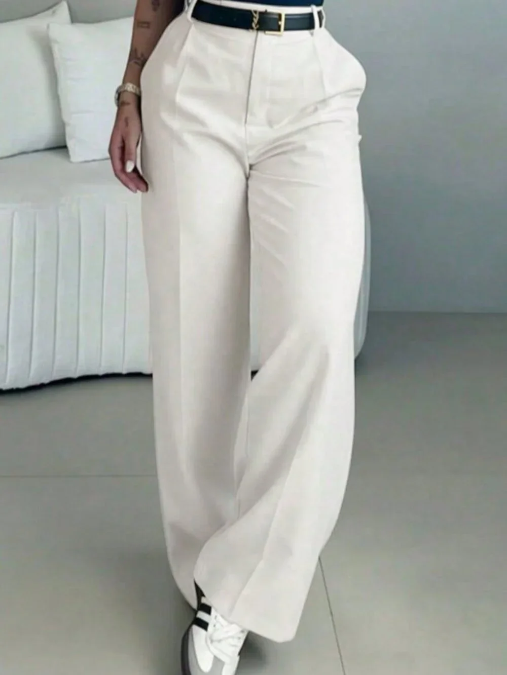 White Elegant Women's High Waist Slim Fit Wide Leg Pants